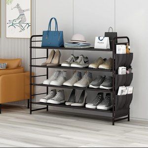 4 Tier Free Standing Metal Shoe Shelf Compact Shoe Organizer with Side Bag